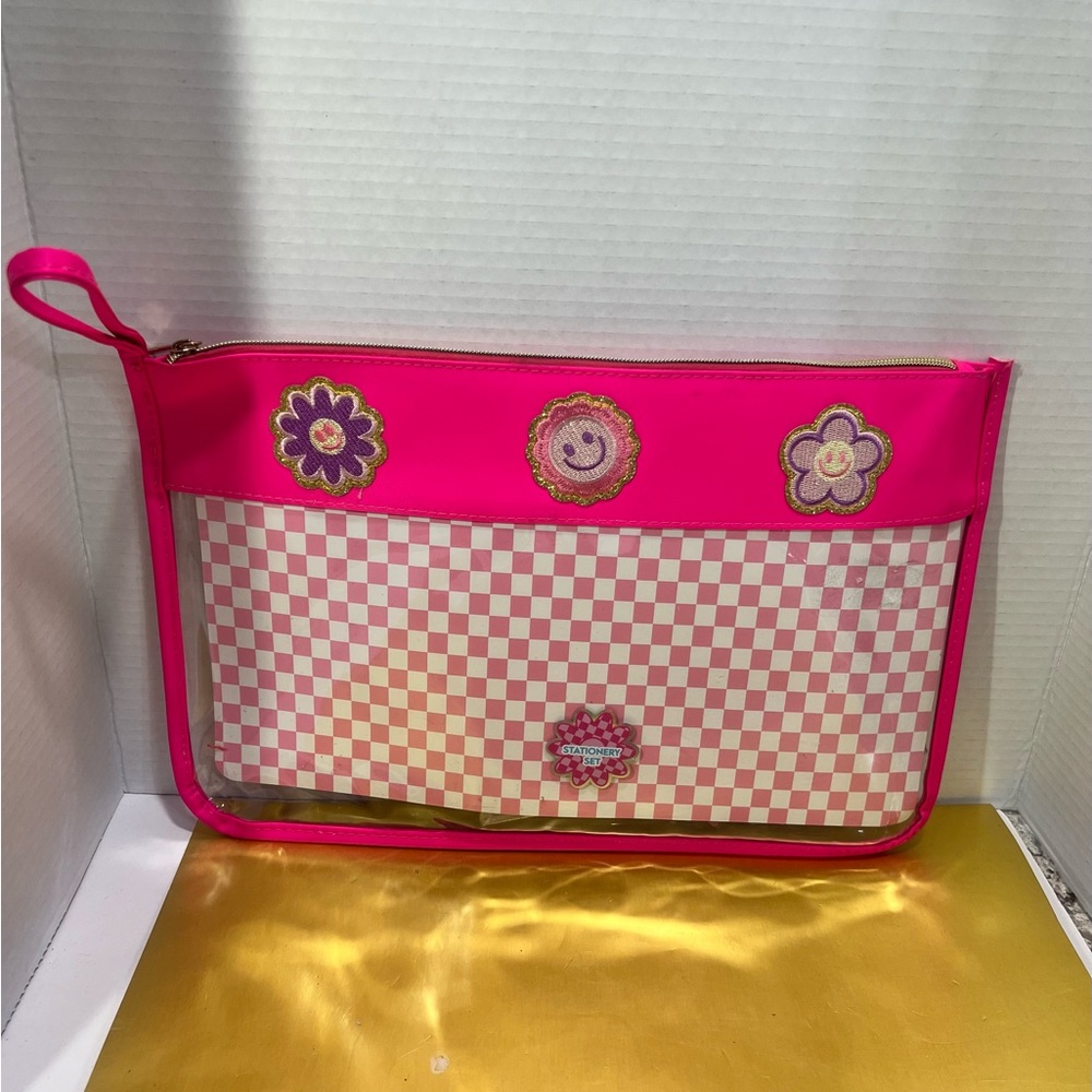 Vibrant Pink Checkered Kids Clutch with Floral Accents